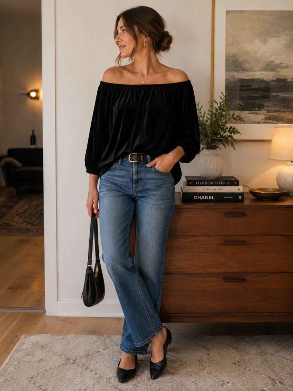 J. Jill Black Velvet Off Shoulder Top Medium Velour Quiet Luxury Blouse ✨